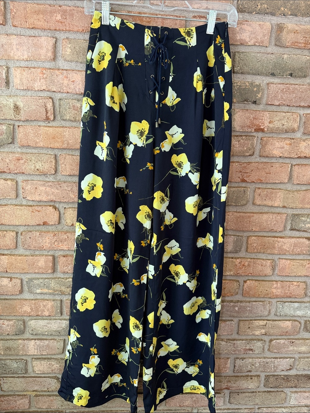Moon River Black Pants with Yellow Floral Print and Lace-Up Waist